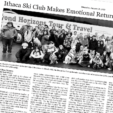 Newspaper article about the Ithaca ski club with picture of members.